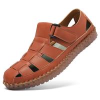 Men's Casual Leather Sandals  Breathable Outdoor Slippers, Adjustable Closed Toe Summer Leather Loafters