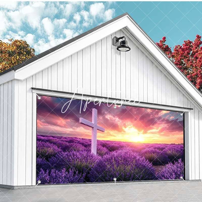 Aperturee Sunrise Purple Floral Cross Easter Garage Door Banner, 8X4FT(2.4X1.2M), 22.65 USD, garage door banners, NYCD6I40-A