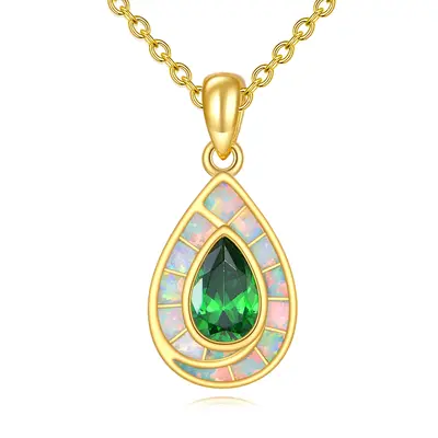 Sterling Silver with Yellow Gold Plated Cubic Zirconia & Opal Drop Shape Pendant Necklace