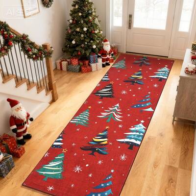 Garvee Runner Rug 2x6 Red Christmas Tree Motif Non-Slip Soft Low Pile Washable Indoor Kitchen Entryway Living Room Bedroom