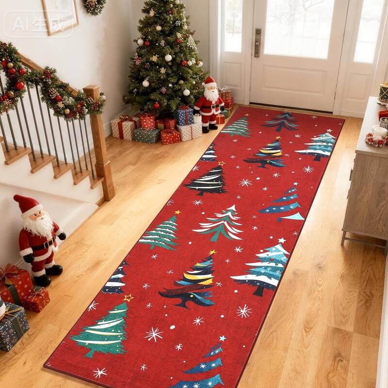 Garvee Runner Rug 2x6 Red Christmas Tree Motif Non-Slip Soft Low Pile Washable Indoor Kitchen Entryway Living Room Bedroom