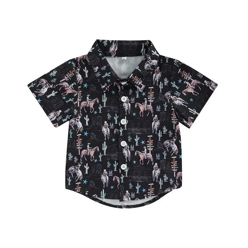 Boy Summer Shirt, Cartoon Pattern Printed Kid Lapel Neck Short Sleeve Tops Button Down Clothing for Children