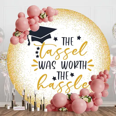 Golden Glitter Black Cap Star Round Graduation Backdrop - Aperturee