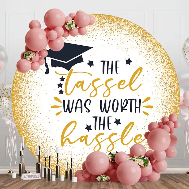 Golden Glitter Black Cap Star Round Graduation Backdrop - Aperturee
