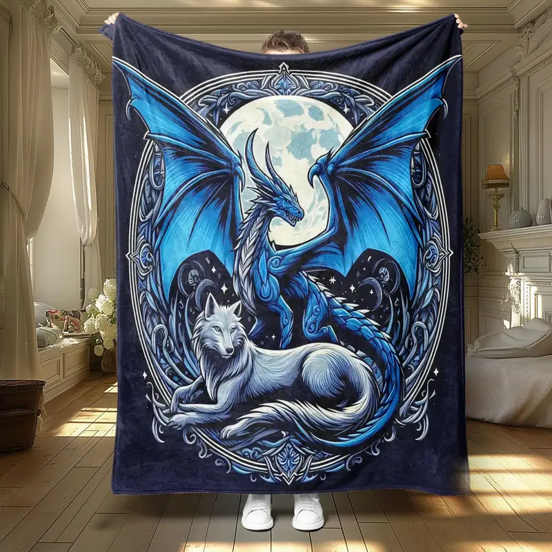 Dragon & Moon Pattern Blanket, 1 Count Soft Throw Blanket, Air-conditioned Room Blanket, Warm Nap Blanket for Home Office Tra...