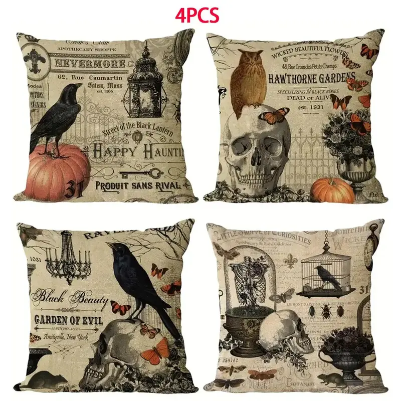 Pumpkin Skull Butterfly Pattern Cushion Cover without Filler, 4 Counts Decorative Cushion Cover, Square Pillow Cover for Home...