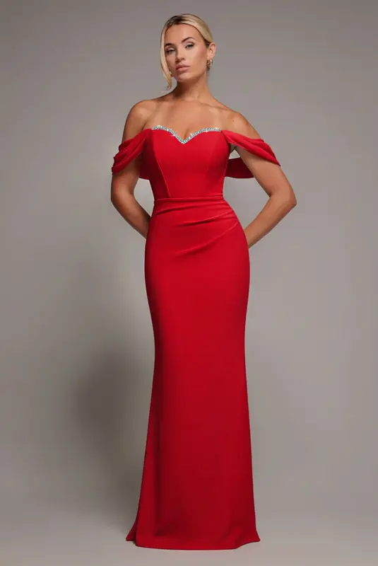 Goddiva Off The Shoulder Draped Sleeve Maxi Dress With Diamante Neckline - Red