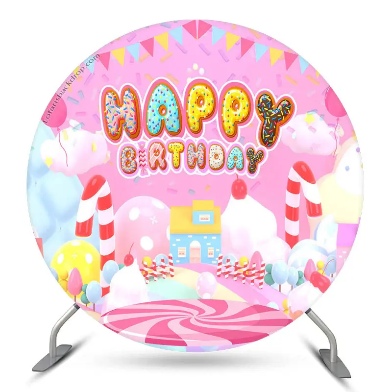 Aperturee Candy Land Pink House Circle Happy Birthday Backdrop | Round Backdrop Fabric Cover | Birthday Round Backdrop Cover ...