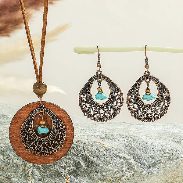 Bohemian Alloy Enamel & Wood Pendant Necklaces & Dangle Earrings Sets