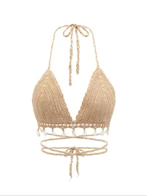Women's Shell Decor Lace Up Halter Neck Crochet Cover Up Top, Boho Fashion Hollow Out Backless Swimwear Top for Women Beac...