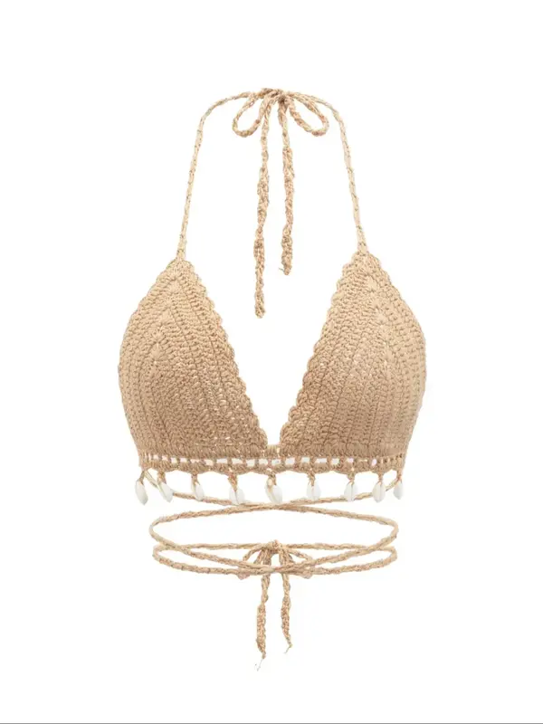 Women's Shell Decor Lace Up Halter Neck Crochet Cover Up Top, Boho Fashion Hollow Out Backless Swimwear Top for Women Beac...