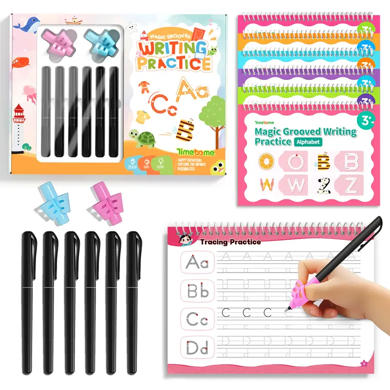 TIMEX Reusable Grooved Handwriting Workbook for Kids, Learning Materials, 6 Books–Early Elementary, Covers Math, Words, Dra...