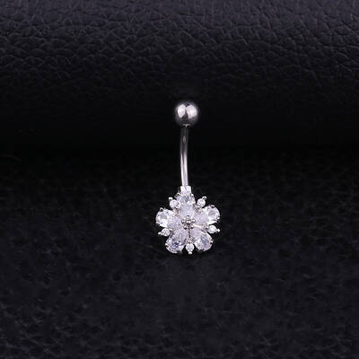304 Stainless Steel Clear Cubic Zirconia Flower Curved Barbell Belly Rings