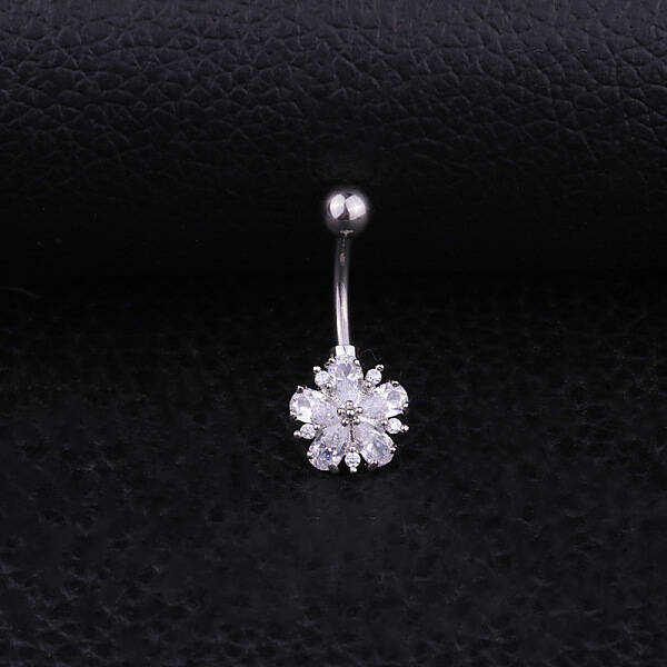304 Stainless Steel Clear Cubic Zirconia Flower Curved Barbell Belly Rings