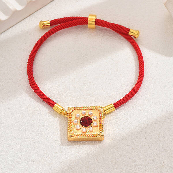 Vintage Ethnic Style Adjustable Round Cord Silder Bracelets with Brass Rhinestone Link for WomenLink for Women