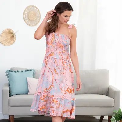 Marble Smocked Tie-Strap Midi Sundress - 1X