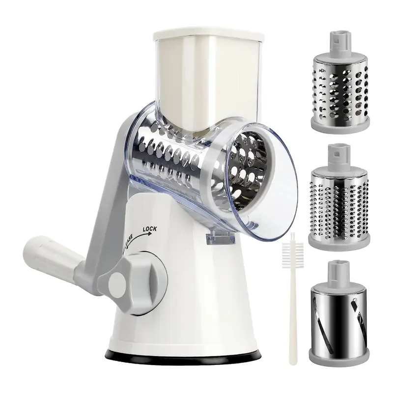 Rotary Cheese Grater Cheese Shredder - Vegetable Slicer Walnuts Grinder with Strong-Hold Suction Cup Base and Cleaning Brush