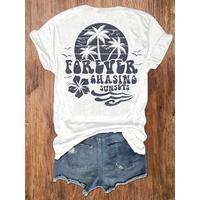 FOREVER CHASING SUNSETS Case T-Shirt - Women's Holiday Short Sleeve T-Shirt, Brown and Hibiscus Case, Black Faux Mixed Top, S...