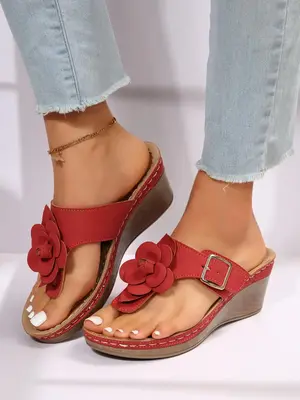 Summer 2024 Women's Colorblock Flower Decor Wedge Sandals, Soft Pu Leather Toe Thong Wedge Sandals, Buckle Decor Stylish Wedg...