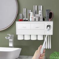 Toothbrush Holders Wall Mounted with Automatic Toothpaste Dispensers, 6 Brush Slots, 3 Magnetic Cups, Cosmetic Drawer Organiz...