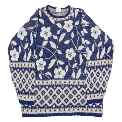 Vintage HOLIDAY TIME Sparkly Womens Patterned Jumper Blue Floral Crew Neck 80s Tight Knit S