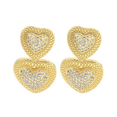 Heart Brass Pave Clear Cubic Zirconia Dangle Stud Earrings