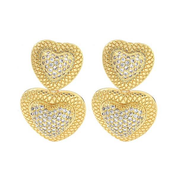 Heart Brass Pave Clear Cubic Zirconia Dangle Stud Earrings