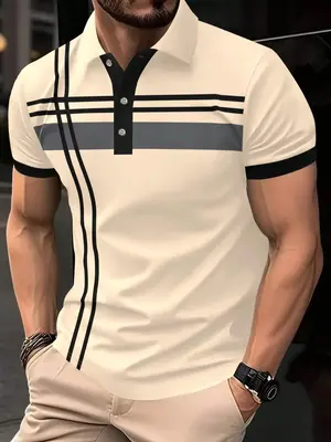 Men's Striped Print Contrast Binding Polo Shirt, Casual Short Sleeve Button Front Top for Summer, Fashion Men's Clothes for D...