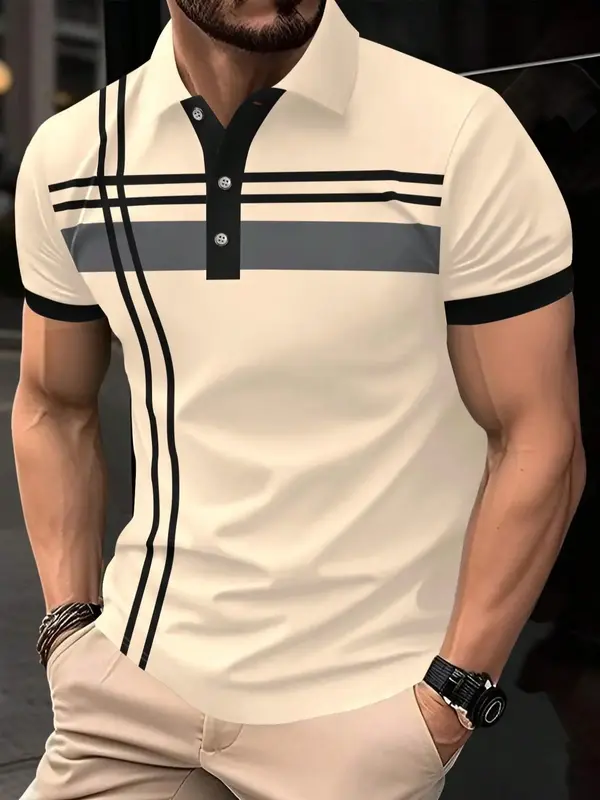 Men's Striped Print Contrast Binding Polo Shirt, Casual Short Sleeve Button Front Top for Summer, Fashion Men's Clothes for D...