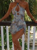 Women's All Over Print Ruched Tiered Layer Halter Neck Dress, Chic Boho Sleeveless Short Dress for Summer Beach Holiday Vaca...