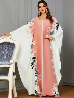 Women's Colorblock Floral Print Batwing Sleeve Kaftan, Loose Maxi Arabian Muslim Dress, Kaftan Dresses Clothes, Spring & Fall...