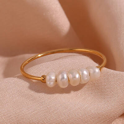 Nuggets Stainless Steel & Natural Freshwater Pearl Beads Finger Rings