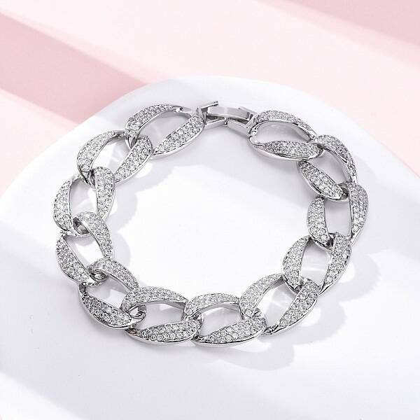 Brass Micro Pave Clear Cubic Zirconia Curb Chain Bracelets for Women