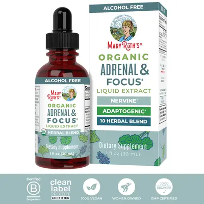 MaryRuth's Adrenal & Focus Herbal Blend for Adults - Adaptogenic - With Ginkgo Biloba & Astragalus - USDA Organic - Vegan - N...