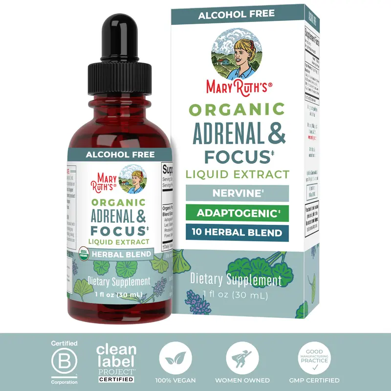 MaryRuth's Adrenal & Focus Herbal Blend for Adults - Adaptogenic - With Ginkgo Biloba & Astragalus - USDA Organic - Vegan - N...