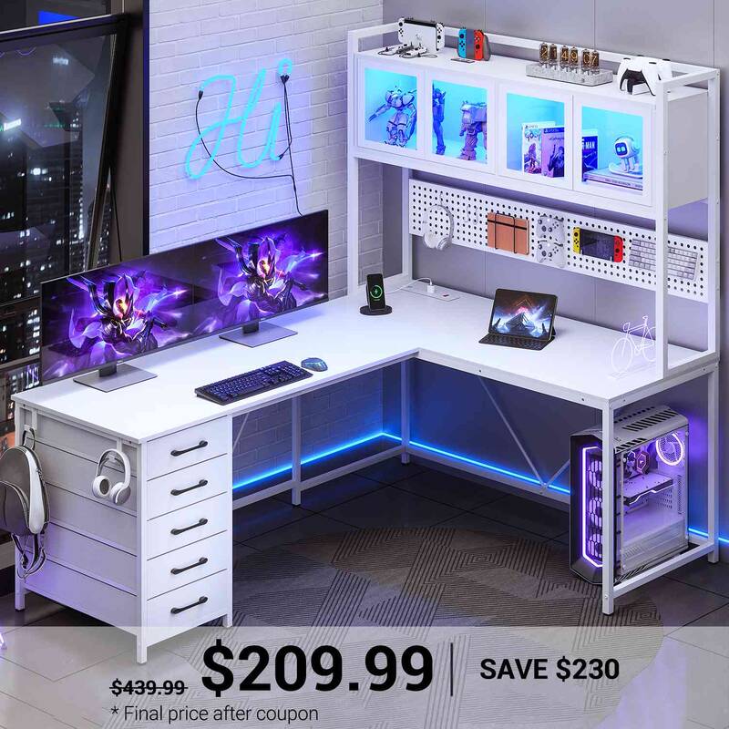 SEDETA ® 62 Inch L Shaped Gaming Desk with Led Lights Computer Desk with Power Outlet Drawers Storage Shelves Pegboard White...
