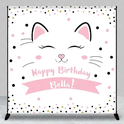 Aperturee Pink Dots Cute Cat Custom Name Birthday Backdrop, 3X3FT(1X1M), 15 USD, custom birthday backdrops, DZZH0E615-O