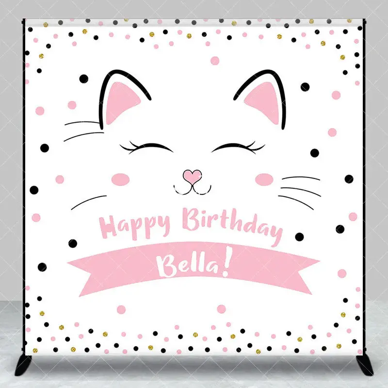 Aperturee Pink Dots Cute Cat Custom Name Birthday Backdrop, 3X3FT(1X1M), 15 USD, custom birthday backdrops, DZZH0E615-O