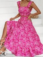 Women's Ditsy Floral Print Ruffle Trim Crop Cami Top & Tiered Layer Skirt Set, Boho Elegant Fitted Bohemian Butterfly Sleeve ...