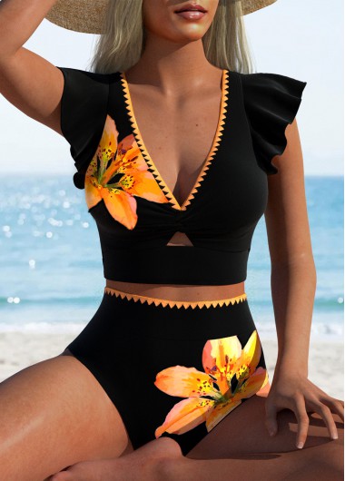 Modlily Contrast Binding High Waisted Floral Print Black Bikini Set - XL