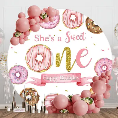 Pink Donuts Gold Round Sweet 1st Birthday Backdrop - Aperturee