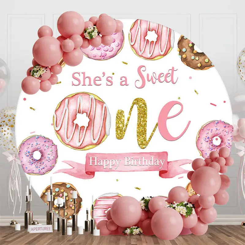 Pink Donuts Gold Round Sweet 1st Birthday Backdrop - Aperturee