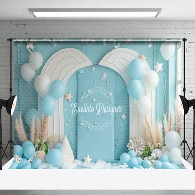 Summer Blue White Wall Balloons Cake Smash Backdrop - Aperturee