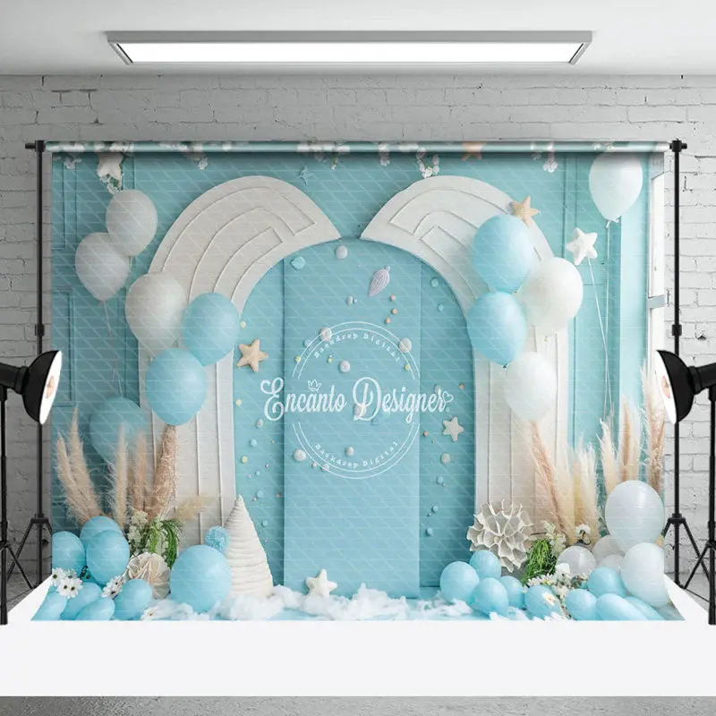 Summer Blue White Wall Balloons Cake Smash Backdrop - Aperturee