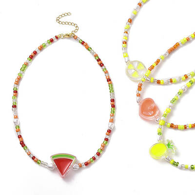 Acrylic Enamel Fruit Pendant Necklace with Glass Seed Chains for Women