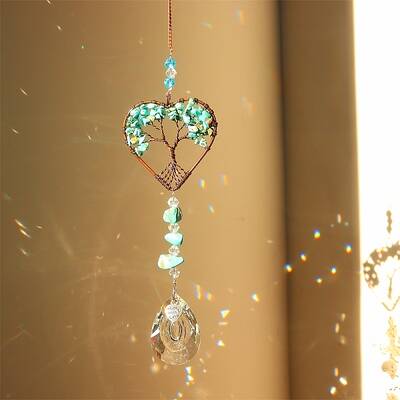 Synthetic Turquoise Chip Wrapped Heart with Tree of Life Hanging Ornaments