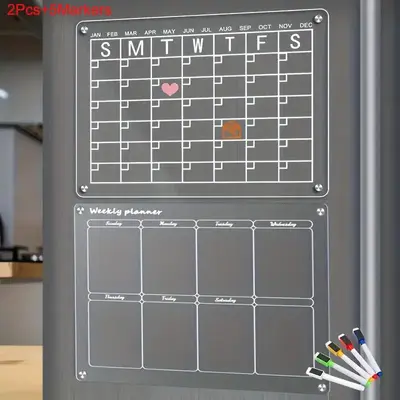 Acrylic Magnetic Monthly and Weekly Calendar with Markers, Clear Magnetic Dry Erase Board Calendar for Fridge, Reusable Plann...
