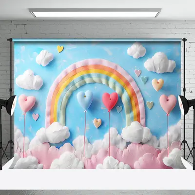Blue Sky Rainbow Clouds Heart Cake Smash Backdrop