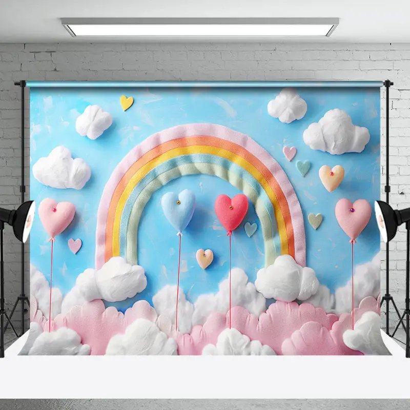 Blue Sky Rainbow Clouds Heart Cake Smash Backdrop