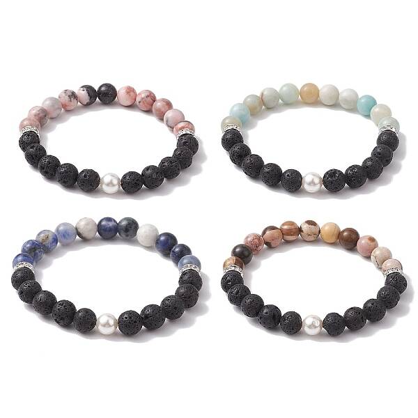 8mm Round Natural Lava Rock & Gemstone & Shell Pearl Beaded Stretch Bracelets for Women Men